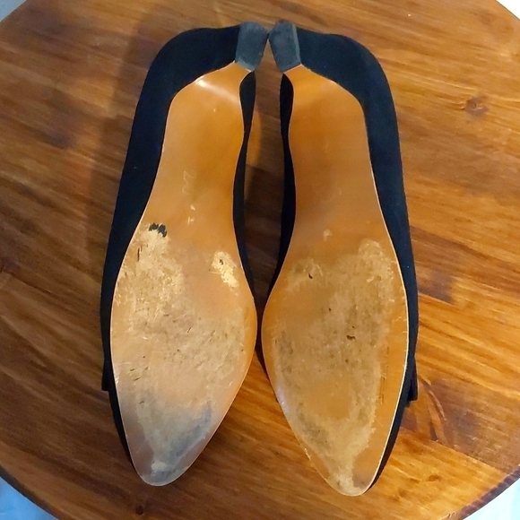 Selby Black Leather Suede Kitten Heel Vintage Gold toe Acc. Elegant Neutral Sz.8 - Picture 12 of 14